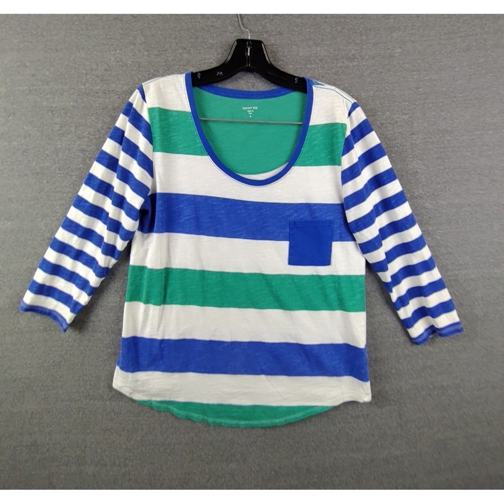 Garnet Hill Womens Shirt M Blue Green‎ Stripe 100% Cotton Lightweight Nautical